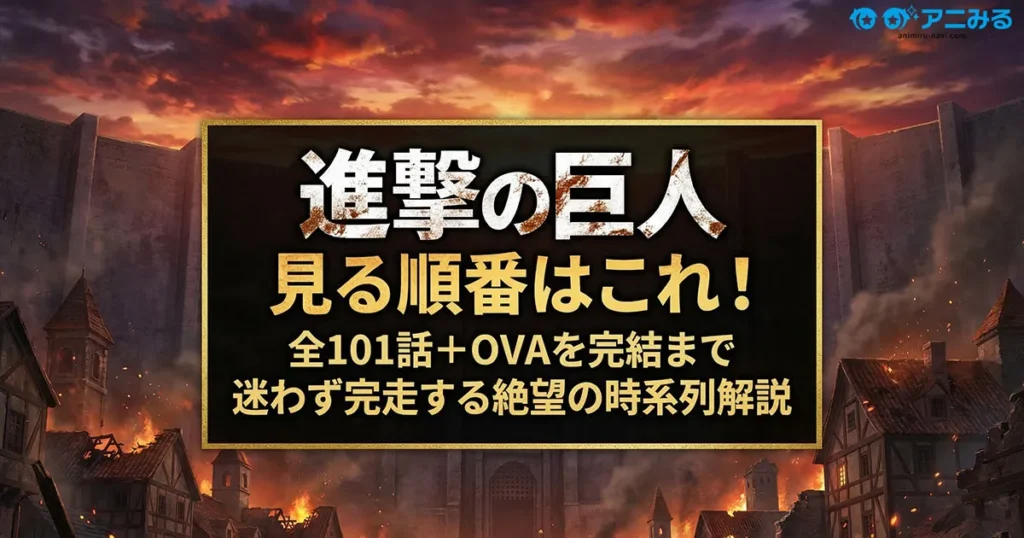 進撃の巨人の見る順番を解説するアニメブログのサムネイル。廃墟の街と巨大な石壁、黙示録的な夕焼け空を背景に、全101話とOVAの時系列ガイドタイトルが中央に表示されている。