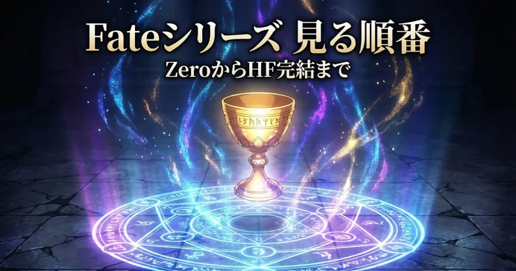 Fateシリーズを見る順番（ZeroからHF完結まで）を解説するアイキャッチ画像。黄金の聖杯と魔法陣。