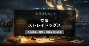 アニメ『文豪ストレイドッグス』の世界観をイメージした、ヨコハマの夜景をバックにした探偵の机と宙を舞う文字のアイキャッチ背景画像