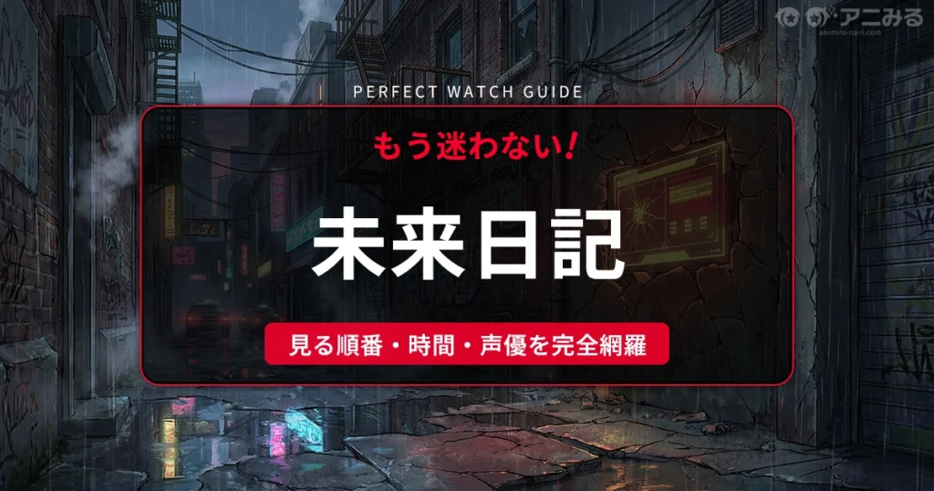 アニメ『未来日記』の雰囲気を表現した、雨が降る混沌とした路地裏と不吉に光るひび割れたデジタルインターフェースのアイキャッチ背景画像