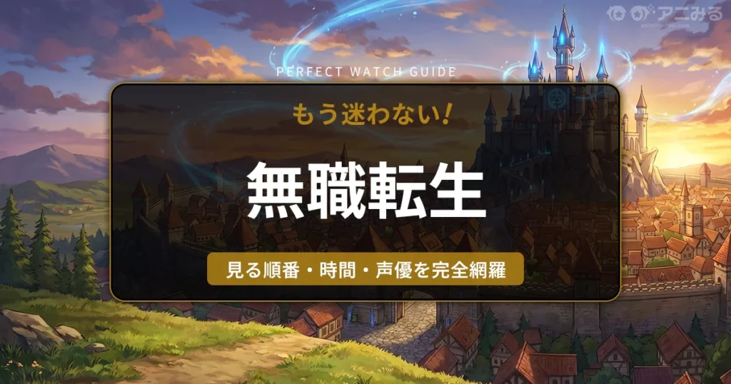 アニメ『無職転生』の世界観をイメージした、夕日に照らされる広大なファンタジー世界の街並みと魔力を帯びた雲のアイキャッチ背景画像